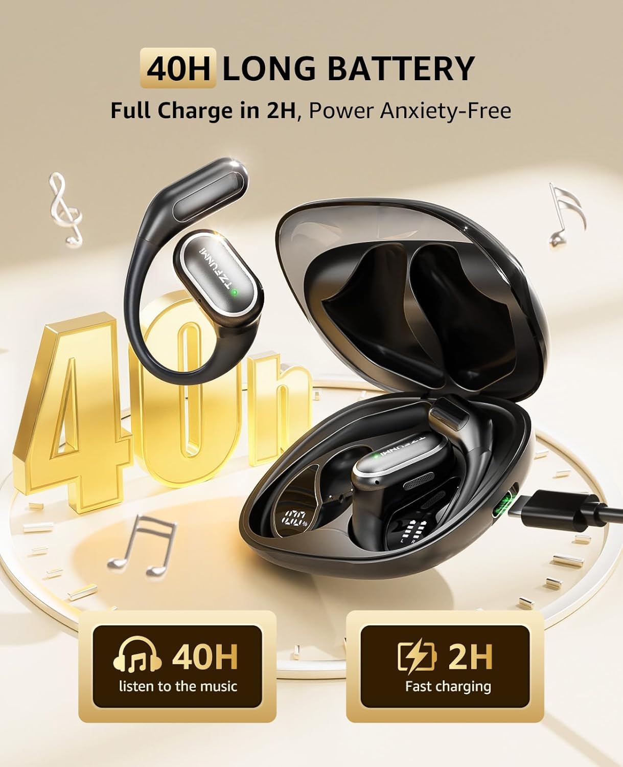Open-Ear Bluetooth Wireless Earbuds: Wireless Headphones for Runners & Cyclists - IPX7 Waterproof - 5.4 Bluetooth Ear Buds with LED Digital Display for Sport, Gym, Workout