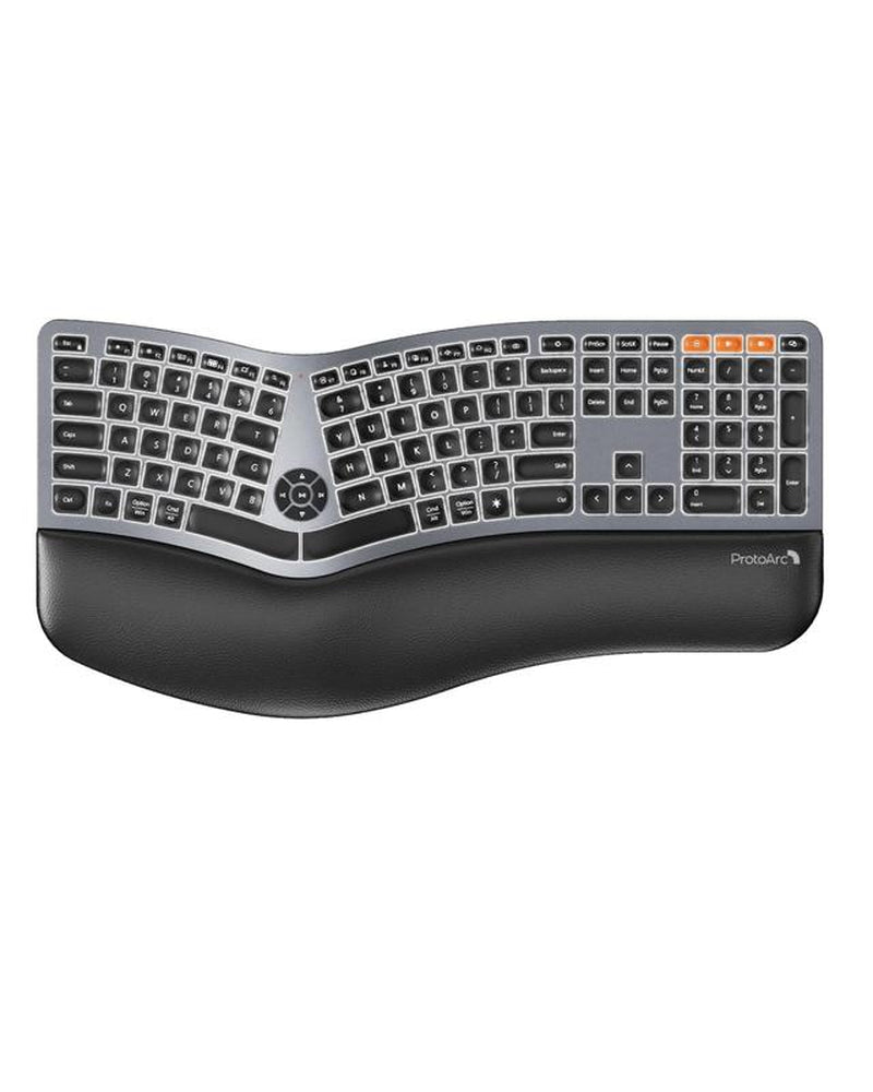Protoarc Backlit Bluetooth Ergonomic Keyboard, EK01 plus Full Size Wireless Split Keyboard with Dual Bluetooth and USB, Cushioned Wrist Rest, Rechargeable, Compatible with Windows/Mac/Android