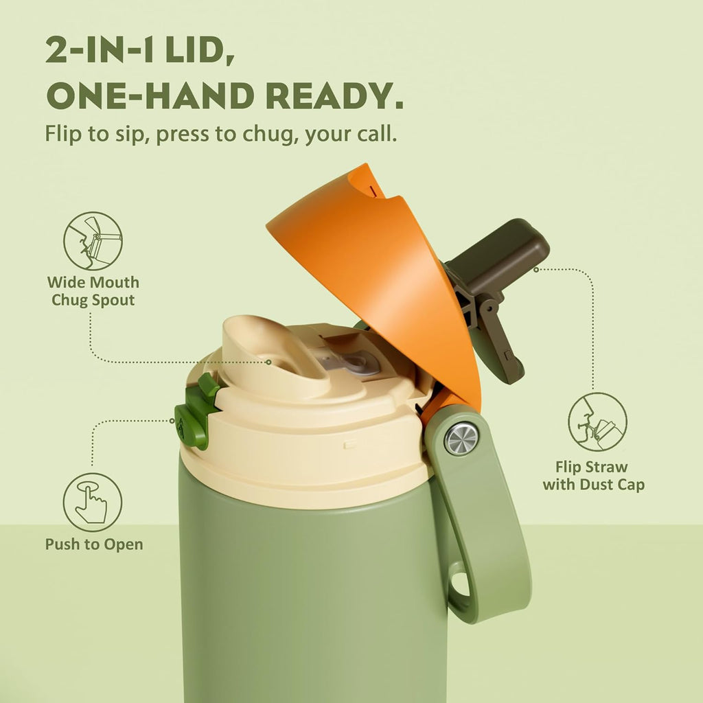 24 Oz Metal Sports Water Bottle: 2-In-1 Push-Button Spout & Quick-Flip Straw, Leakproof, Cold 24 Hrs, Fits Car Cup Holder, Insulated Bottle for Hiking, Camping, School, Travel Gift (Olive Cool)