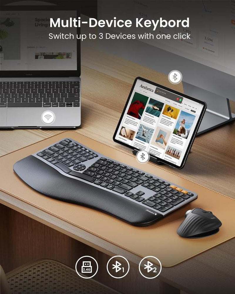 Protoarc Backlit Bluetooth Ergonomic Keyboard, EK01 plus Full Size Wireless Split Keyboard with Dual Bluetooth and USB, Cushioned Wrist Rest, Rechargeable, Compatible with Windows/Mac/Android