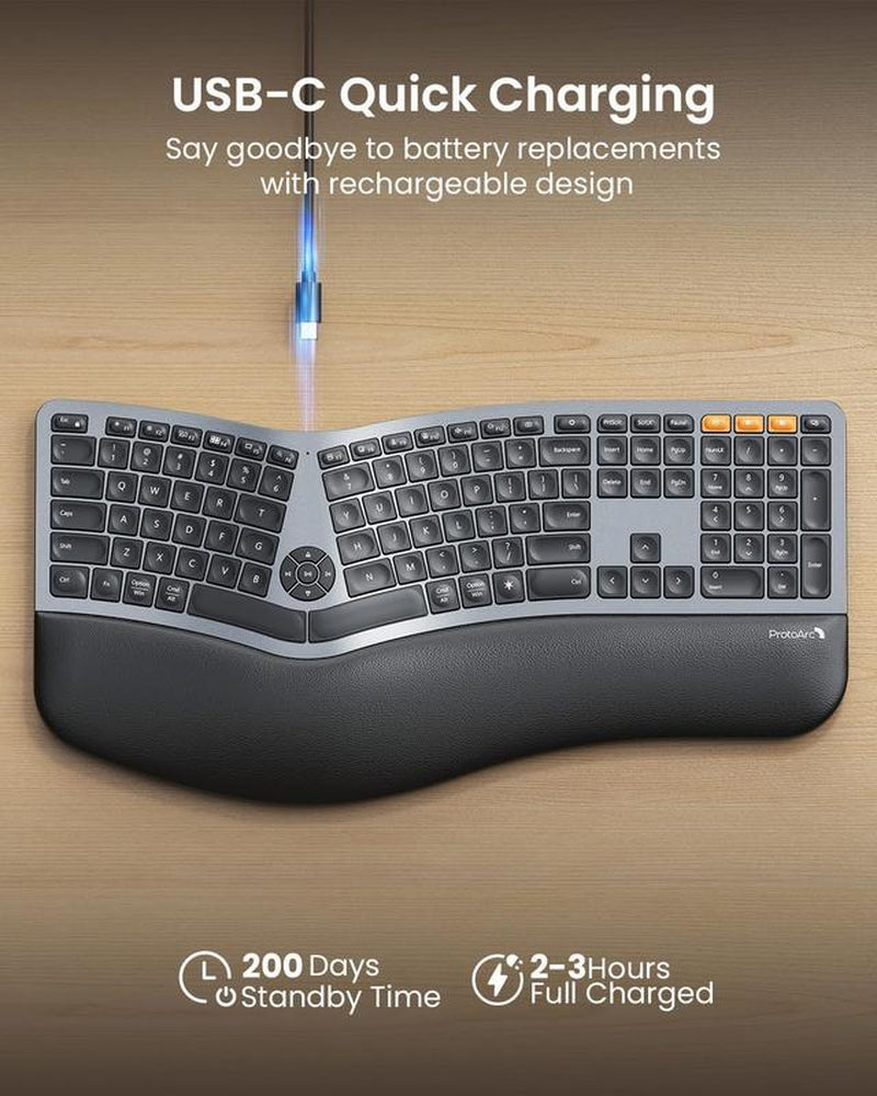 Protoarc Backlit Bluetooth Ergonomic Keyboard, EK01 plus Full Size Wireless Split Keyboard with Dual Bluetooth and USB, Cushioned Wrist Rest, Rechargeable, Compatible with Windows/Mac/Android