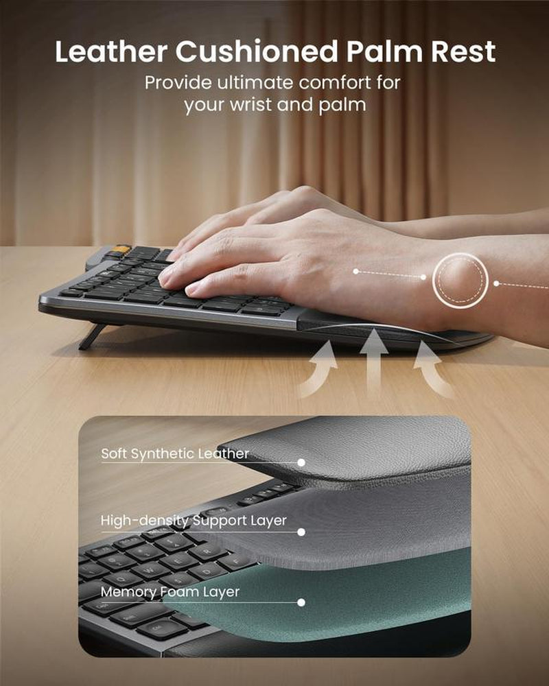 Protoarc Backlit Bluetooth Ergonomic Keyboard, EK01 plus Full Size Wireless Split Keyboard with Dual Bluetooth and USB, Cushioned Wrist Rest, Rechargeable, Compatible with Windows/Mac/Android