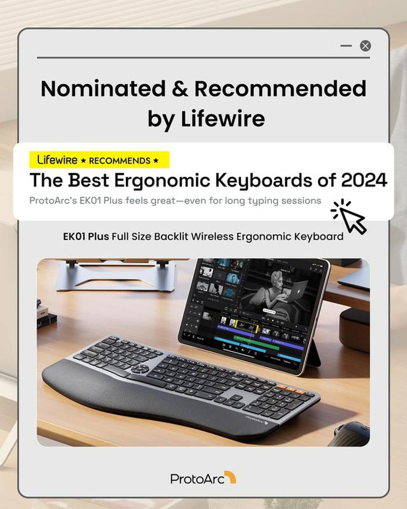 Protoarc Backlit Bluetooth Ergonomic Keyboard, EK01 plus Full Size Wireless Split Keyboard with Dual Bluetooth and USB, Cushioned Wrist Rest, Rechargeable, Compatible with Windows/Mac/Android