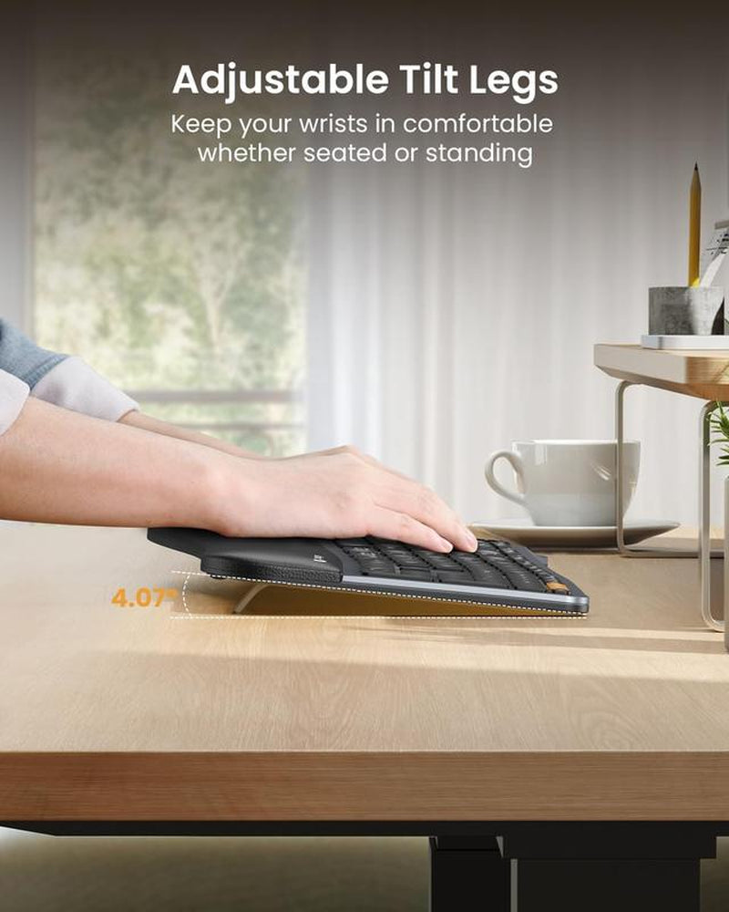 Protoarc Backlit Bluetooth Ergonomic Keyboard, EK01 plus Full Size Wireless Split Keyboard with Dual Bluetooth and USB, Cushioned Wrist Rest, Rechargeable, Compatible with Windows/Mac/Android
