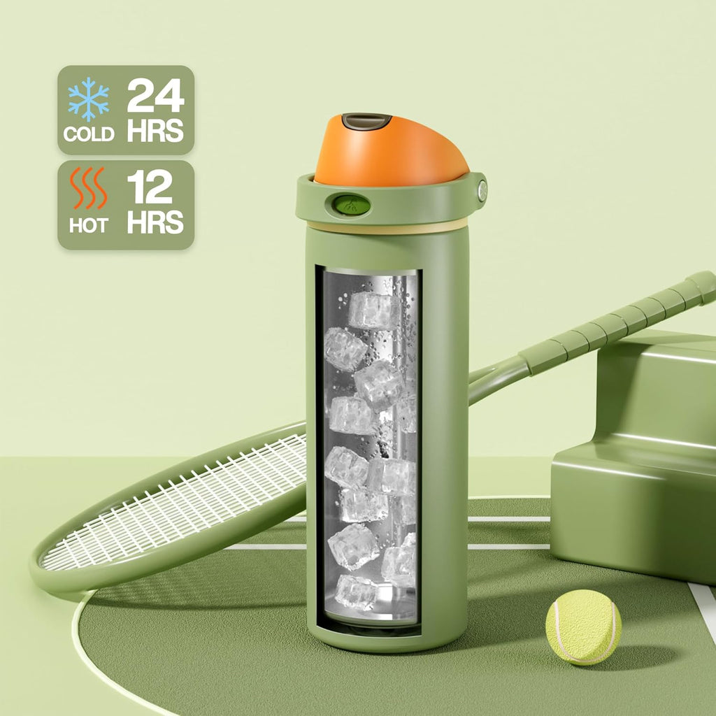 24 Oz Metal Sports Water Bottle: 2-In-1 Push-Button Spout & Quick-Flip Straw, Leakproof, Cold 24 Hrs, Fits Car Cup Holder, Insulated Bottle for Hiking, Camping, School, Travel Gift (Olive Cool)