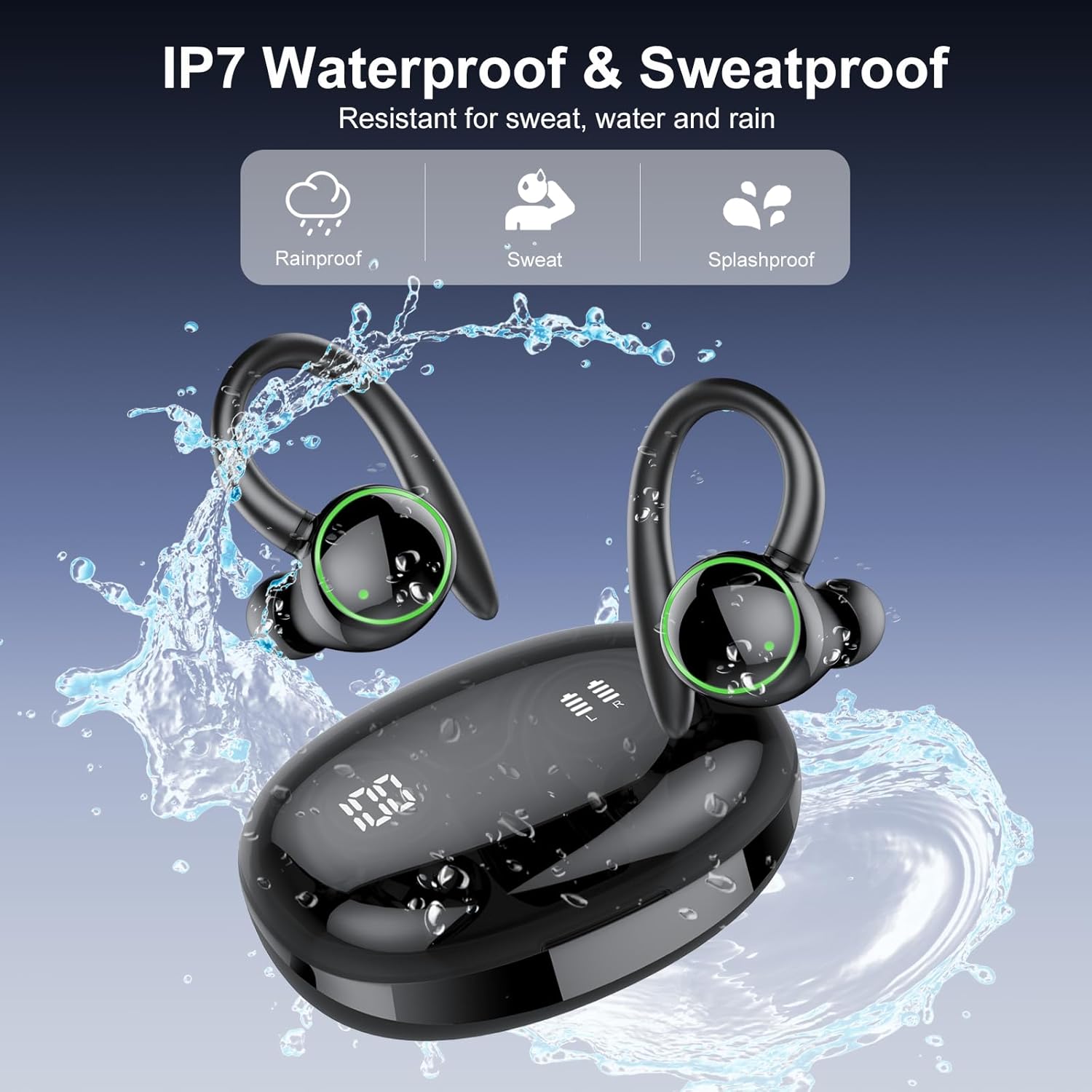 Ultimate Wireless Earbuds with Bluetooth 5.4 - Sport-Ready Over Ear Headphones Featuring ENC Noise Cancelling Mic, 48 Hours Playback, IP7 Waterproof Design for Intense Workouts and Running - Sleek Black Finish