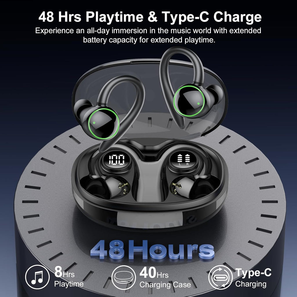 Ultimate Wireless Earbuds with Bluetooth 5.4 - Sport-Ready Over Ear Headphones Featuring ENC Noise Cancelling Mic, 48 Hours Playback, IP7 Waterproof Design for Intense Workouts and Running - Sleek Black Finish
