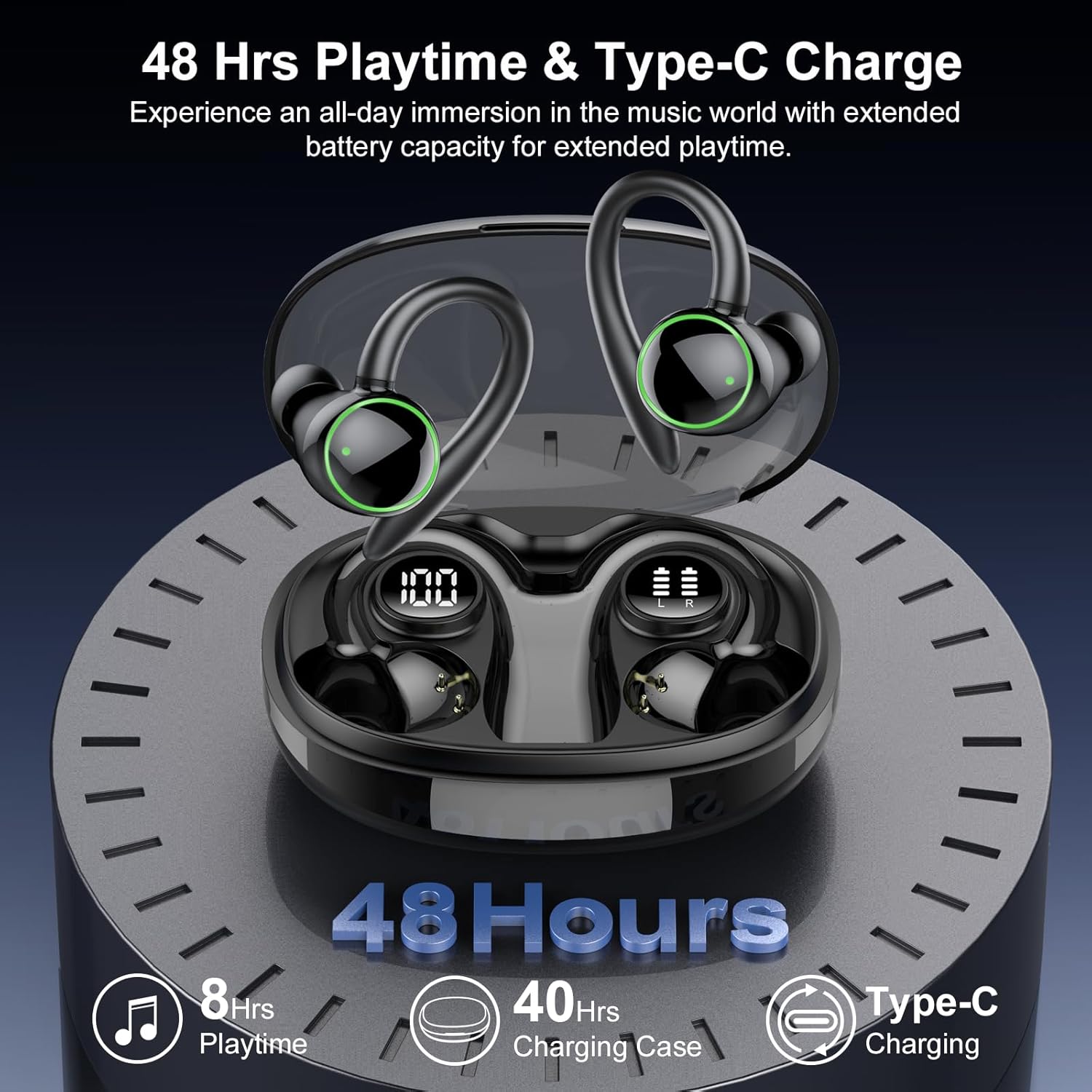 Ultimate Wireless Earbuds with Bluetooth 5.4 - Sport-Ready Over Ear Headphones Featuring ENC Noise Cancelling Mic, 48 Hours Playback, IP7 Waterproof Design for Intense Workouts and Running - Sleek Black Finish