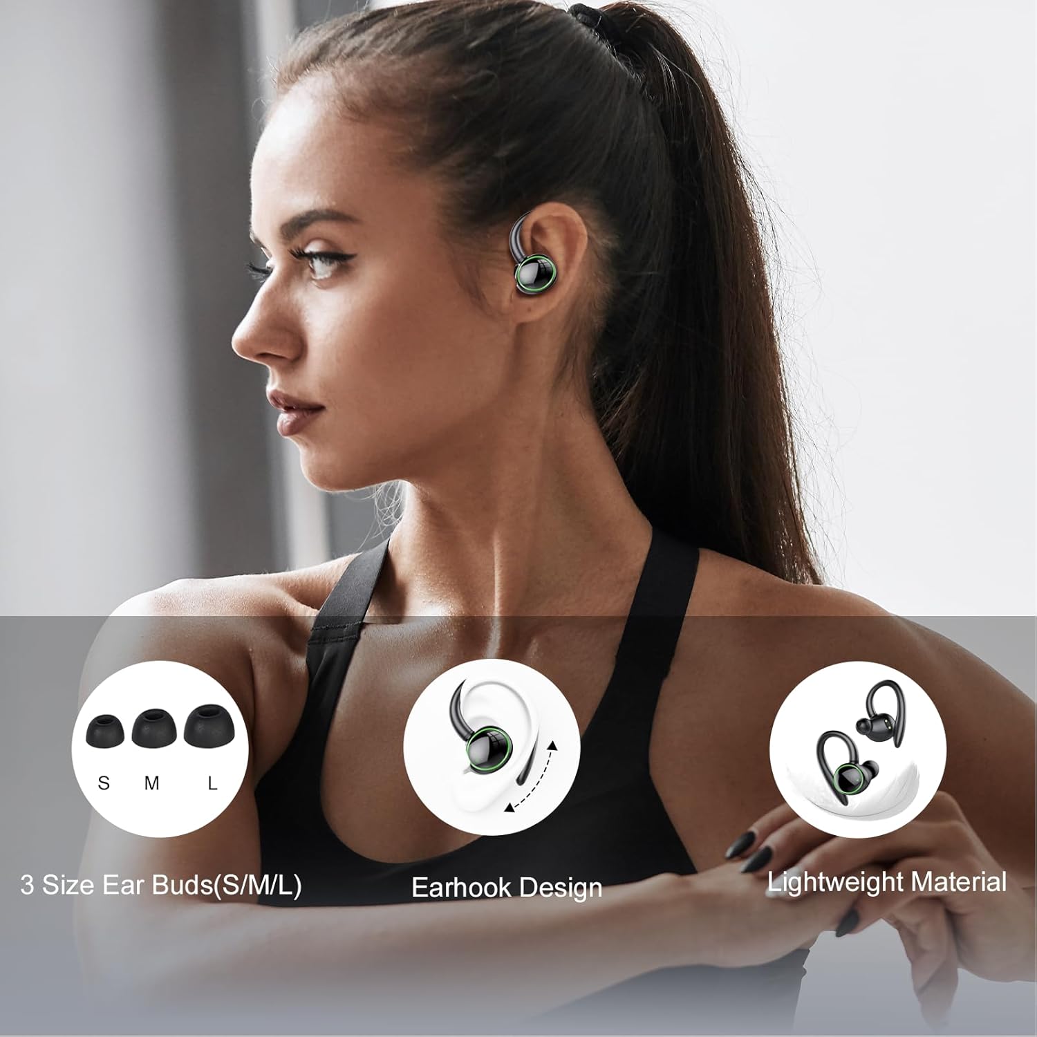 Ultimate Wireless Earbuds with Bluetooth 5.4 - Sport-Ready Over Ear Headphones Featuring ENC Noise Cancelling Mic, 48 Hours Playback, IP7 Waterproof Design for Intense Workouts and Running - Sleek Black Finish