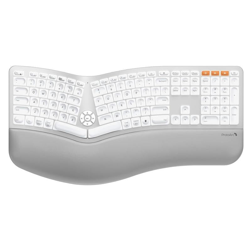 Protoarc Backlit Bluetooth Ergonomic Keyboard, EK01 plus Full Size Wireless Split Keyboard with Dual Bluetooth and USB, Cushioned Wrist Rest, Rechargeable, Compatible with Windows/Mac/Android