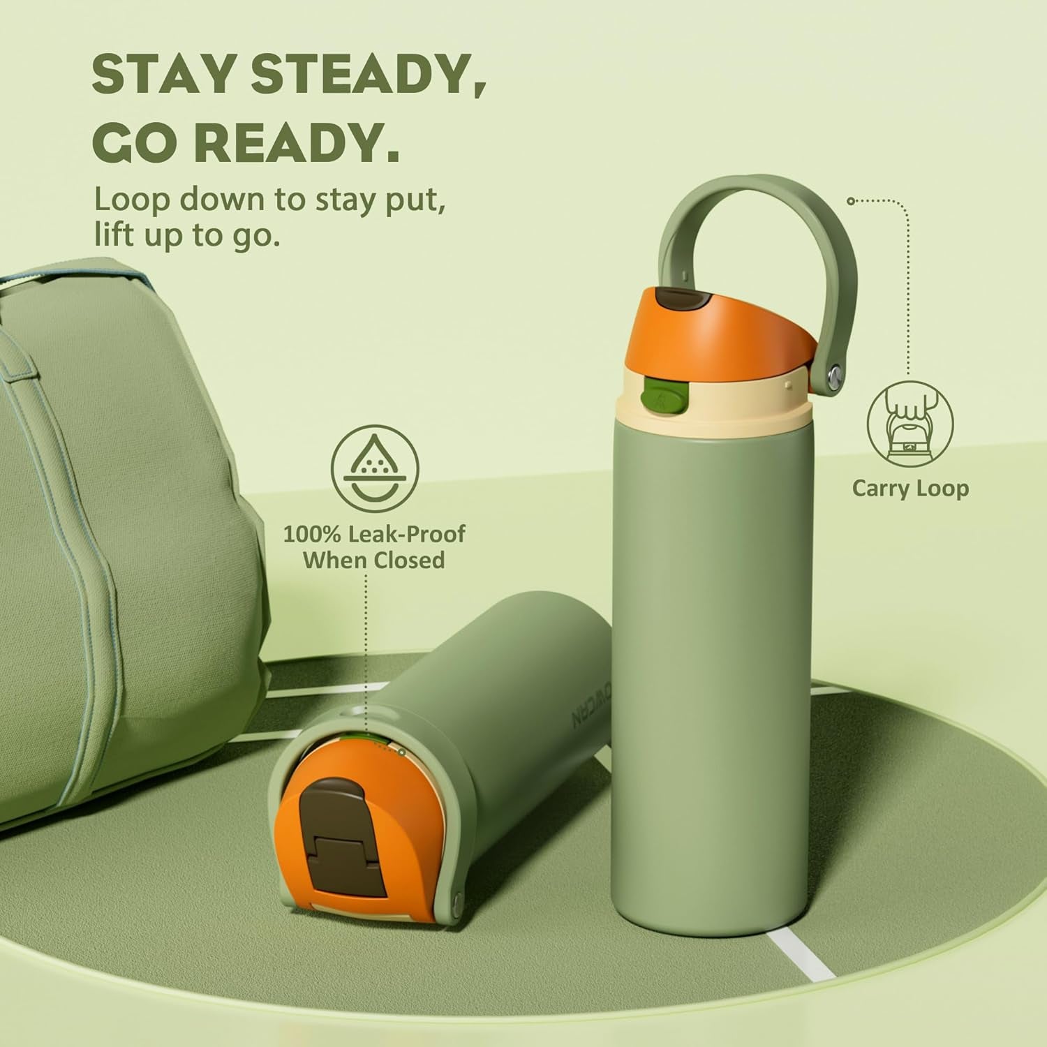 24 Oz Metal Sports Water Bottle: 2-In-1 Push-Button Spout & Quick-Flip Straw, Leakproof, Cold 24 Hrs, Fits Car Cup Holder, Insulated Bottle for Hiking, Camping, School, Travel Gift (Olive Cool)