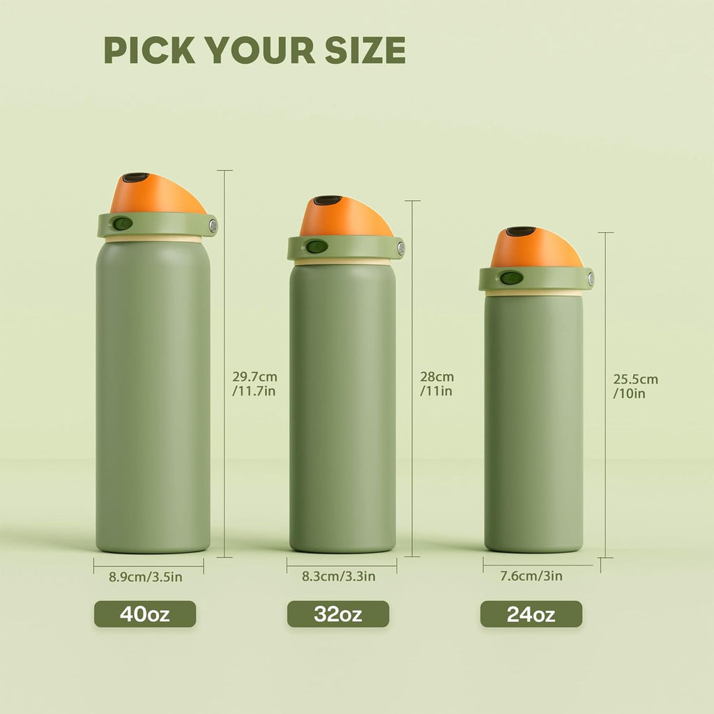 24 Oz Metal Sports Water Bottle: 2-In-1 Push-Button Spout & Quick-Flip Straw, Leakproof, Cold 24 Hrs, Fits Car Cup Holder, Insulated Bottle for Hiking, Camping, School, Travel Gift (Olive Cool)