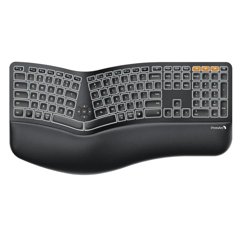 Protoarc Backlit Bluetooth Ergonomic Keyboard, EK01 plus Full Size Wireless Split Keyboard with Dual Bluetooth and USB, Cushioned Wrist Rest, Rechargeable, Compatible with Windows/Mac/Android