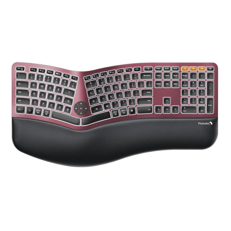 Protoarc Backlit Bluetooth Ergonomic Keyboard, EK01 plus Full Size Wireless Split Keyboard with Dual Bluetooth and USB, Cushioned Wrist Rest, Rechargeable, Compatible with Windows/Mac/Android