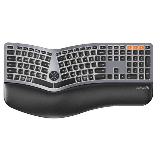 Protoarc Backlit Bluetooth Ergonomic Keyboard, EK01 plus Full Size Wireless Split Keyboard with Dual Bluetooth and USB, Cushioned Wrist Rest, Rechargeable, Compatible with Windows/Mac/Android