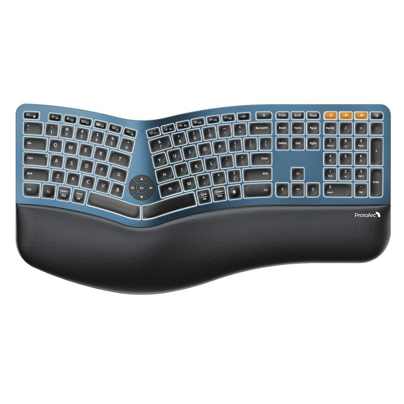 Protoarc Backlit Bluetooth Ergonomic Keyboard, EK01 plus Full Size Wireless Split Keyboard with Dual Bluetooth and USB, Cushioned Wrist Rest, Rechargeable, Compatible with Windows/Mac/Android