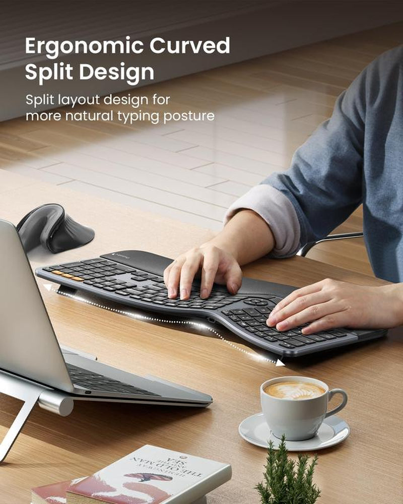 Protoarc Backlit Bluetooth Ergonomic Keyboard, EK01 plus Full Size Wireless Split Keyboard with Dual Bluetooth and USB, Cushioned Wrist Rest, Rechargeable, Compatible with Windows/Mac/Android